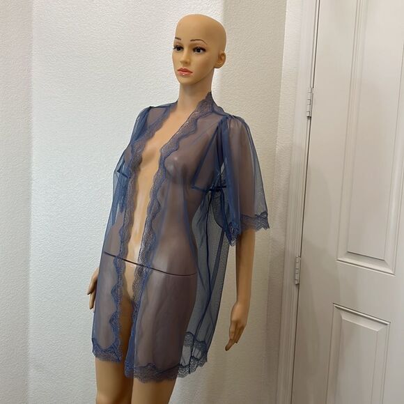 Victoria’s Secret Night Gown Sexy Intimate Robe Wrap Size XS/S Blue Sheer Lace - Picture 2 of 10